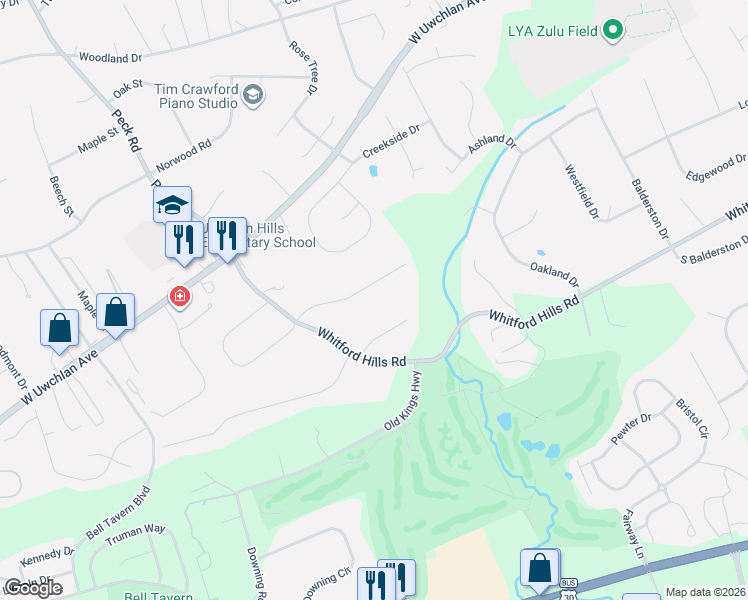 map of restaurants, bars, coffee shops, grocery stores, and more near 609 Whiteland Hunt Road in Downingtown