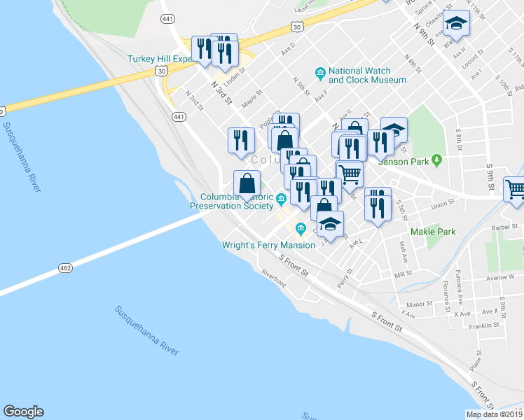 map of restaurants, bars, coffee shops, grocery stores, and more near 150 Walnut Street in Columbia
