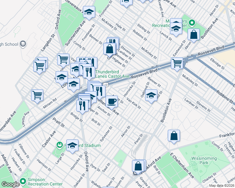 map of restaurants, bars, coffee shops, grocery stores, and more near 5901 Roosevelt Boulevard in Philadelphia