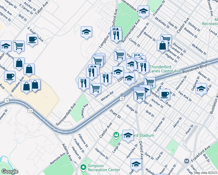 map of restaurants, bars, coffee shops, grocery stores, and more near 5618 Loretto Ave in Philadelphia