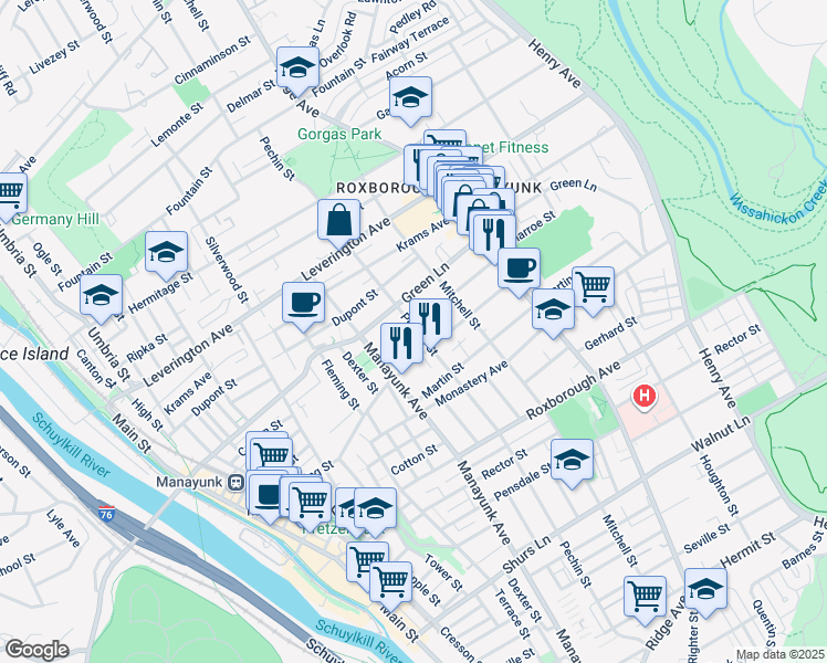 map of restaurants, bars, coffee shops, grocery stores, and more near 389 Conarroe Street in Philadelphia