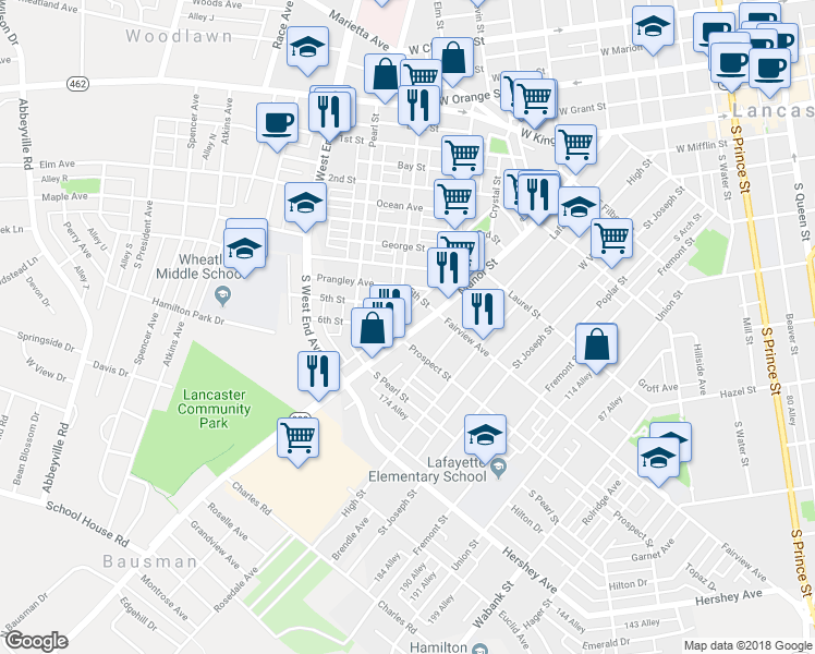 map of restaurants, bars, coffee shops, grocery stores, and more near 835 Manor Street in Lancaster