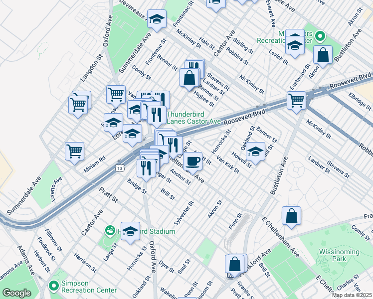 map of restaurants, bars, coffee shops, grocery stores, and more near 1400 Alcott Street in Philadelphia