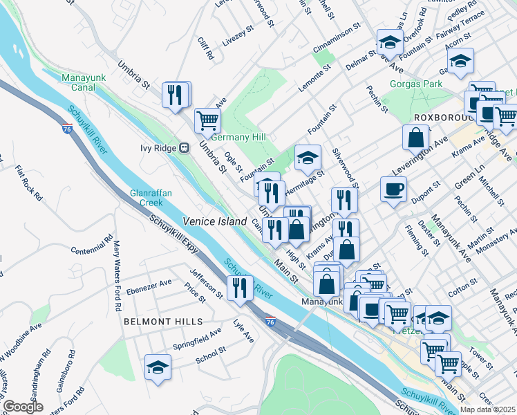 map of restaurants, bars, coffee shops, grocery stores, and more near 4686 Umbria Street in Philadelphia