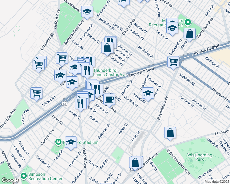 map of restaurants, bars, coffee shops, grocery stores, and more near 1438 Van Kirk Street in Philadelphia