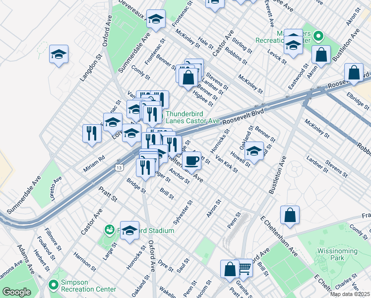 map of restaurants, bars, coffee shops, grocery stores, and more near 1400 Alcott Street in Philadelphia