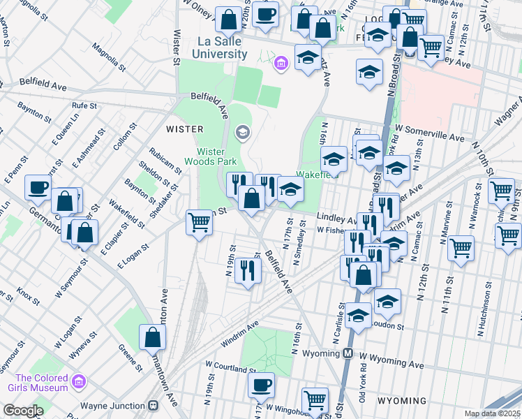 map of restaurants, bars, coffee shops, grocery stores, and more near 1820 Lindley Avenue in Philadelphia