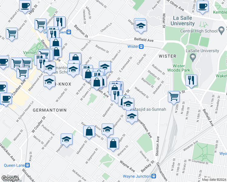 map of restaurants, bars, coffee shops, grocery stores, and more near 37 East Collom Street in Philadelphia