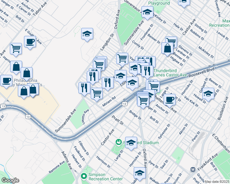 map of restaurants, bars, coffee shops, grocery stores, and more near 980 Sanger Street in Philadelphia