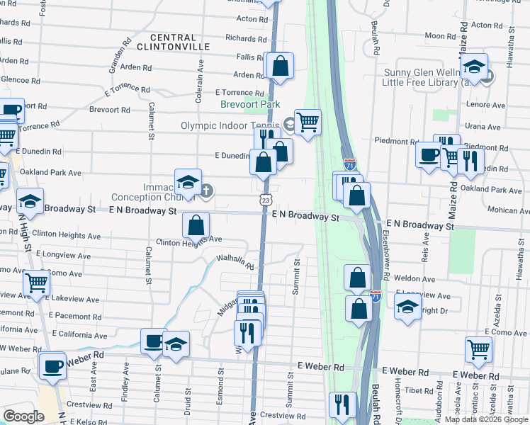 map of restaurants, bars, coffee shops, grocery stores, and more near Indianola Ave & E North Broadway St in Columbus