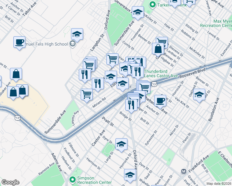 map of restaurants, bars, coffee shops, grocery stores, and more near 5450 Roosevelt Boulevard in Philadelphia