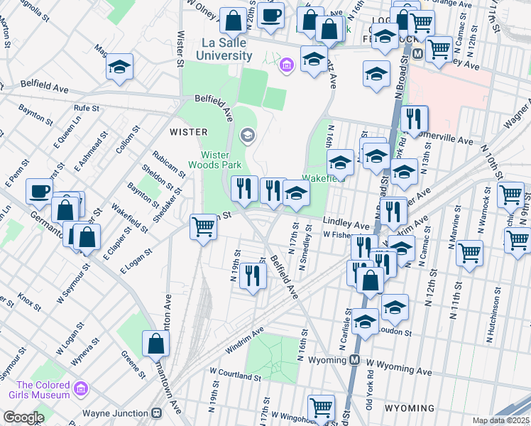 map of restaurants, bars, coffee shops, grocery stores, and more near 1820 Lindley Avenue in Philadelphia