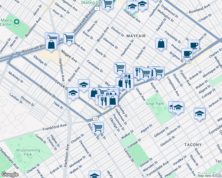 map of restaurants, bars, coffee shops, grocery stores, and more near 3150 Magee Avenue in Philadelphia