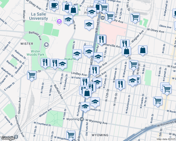 map of restaurants, bars, coffee shops, grocery stores, and more near 5116 North Broad Street in Philadelphia