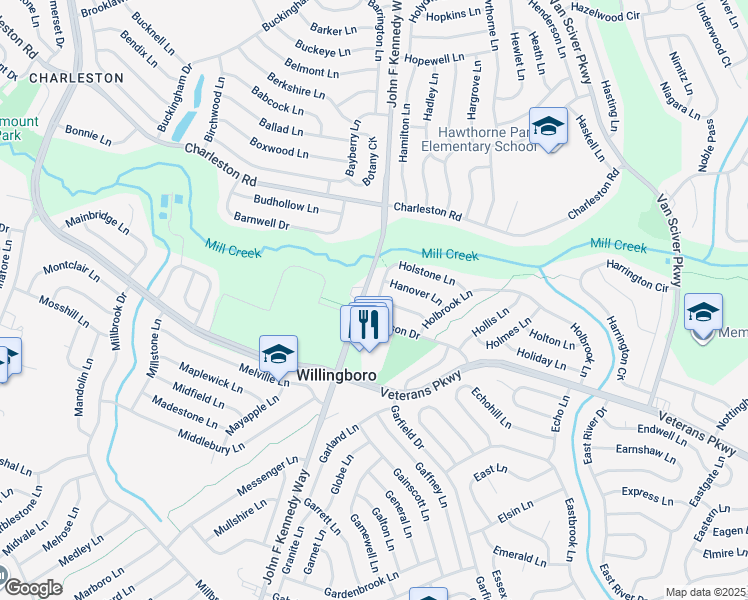 map of restaurants, bars, coffee shops, grocery stores, and more near 33 Holstone Lane in Willingboro