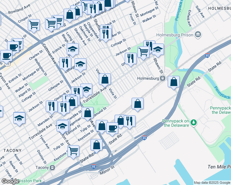 map of restaurants, bars, coffee shops, grocery stores, and more near 4748 Shelmire Avenue in Philadelphia