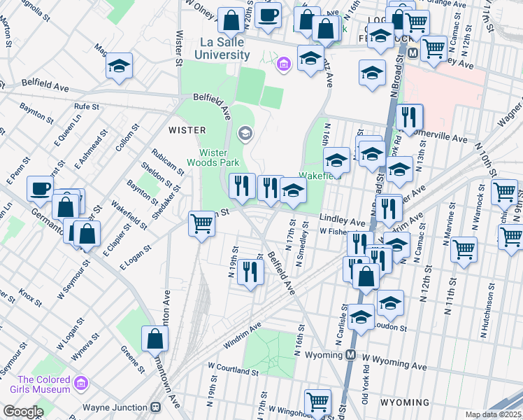 map of restaurants, bars, coffee shops, grocery stores, and more near 1824 Lindley Avenue in Philadelphia