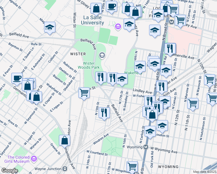 map of restaurants, bars, coffee shops, grocery stores, and more near 1826 Lindley Ave in Philadelphia