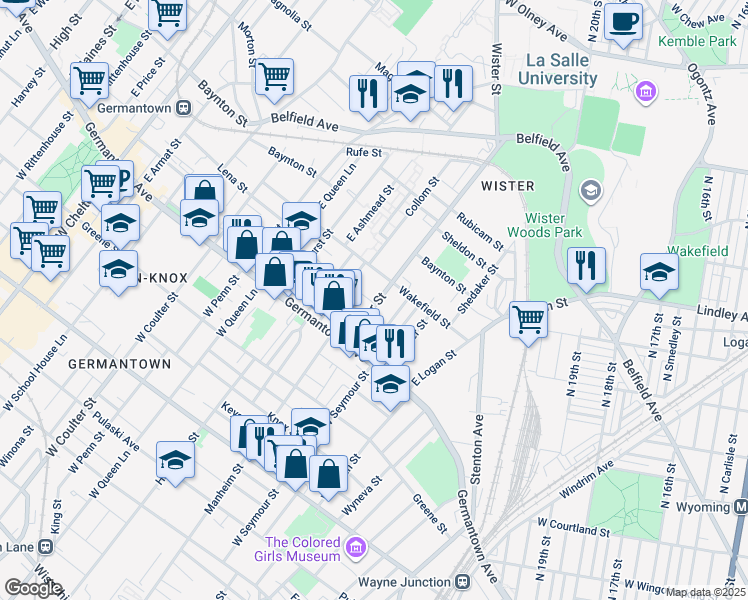 map of restaurants, bars, coffee shops, grocery stores, and more near 69 East Wister Street in Philadelphia