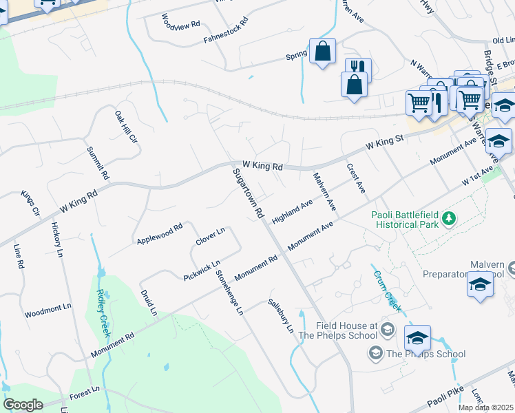 map of restaurants, bars, coffee shops, grocery stores, and more near 206 Raintree Lane in Malvern