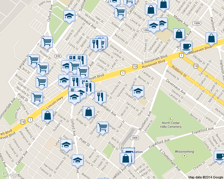 map of restaurants, bars, coffee shops, grocery stores, and more near 1451 Van Kirk St in Philadelphia