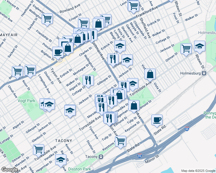 map of restaurants, bars, coffee shops, grocery stores, and more near 7203 Jackson Street in Philadelphia