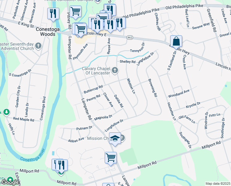 map of restaurants, bars, coffee shops, grocery stores, and more near 311 Dahlia Road in Lancaster