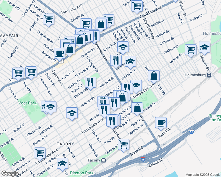 map of restaurants, bars, coffee shops, grocery stores, and more near 7203 Jackson Street in Philadelphia