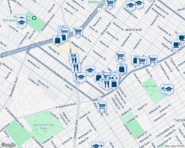 map of restaurants, bars, coffee shops, grocery stores, and more near 3018 Hellerman Street in Philadelphia