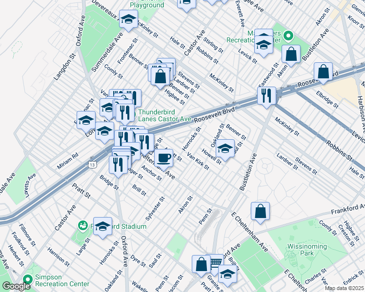 map of restaurants, bars, coffee shops, grocery stores, and more near 1451 Van Kirk St in Philadelphia