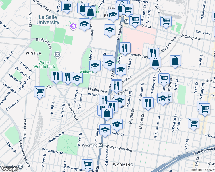 map of restaurants, bars, coffee shops, grocery stores, and more near 5116 North Broad Street in Philadelphia