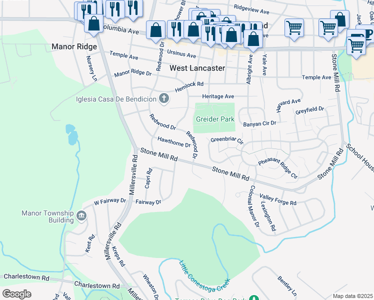 map of restaurants, bars, coffee shops, grocery stores, and more near 472 Hawthorne Drive in Lancaster