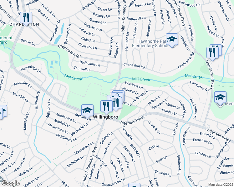map of restaurants, bars, coffee shops, grocery stores, and more near 33 Holstone Lane in Willingboro