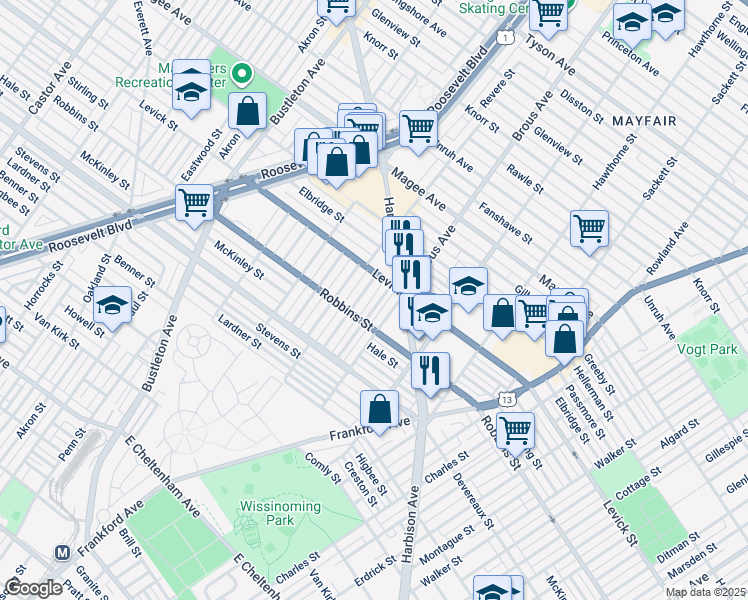 map of restaurants, bars, coffee shops, grocery stores, and more near 6330 Mershon St in Philadelphia