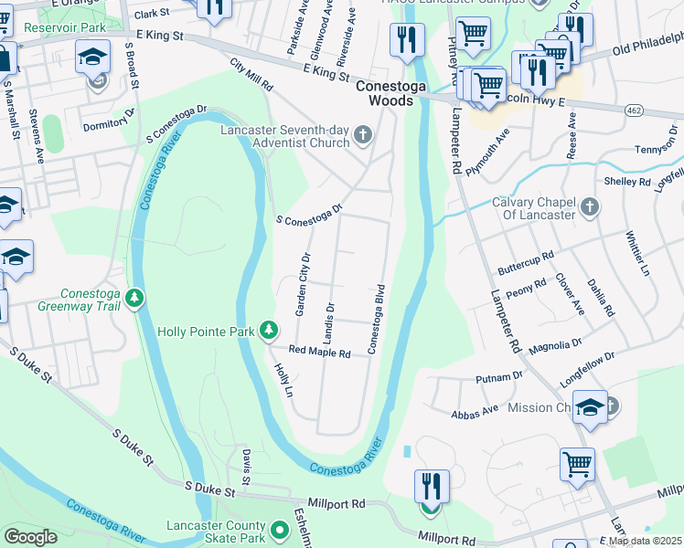 map of restaurants, bars, coffee shops, grocery stores, and more near 79 Landis Drive in Lancaster