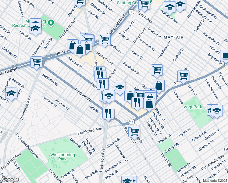 map of restaurants, bars, coffee shops, grocery stores, and more near 2947 Elbridge Street in Philadelphia