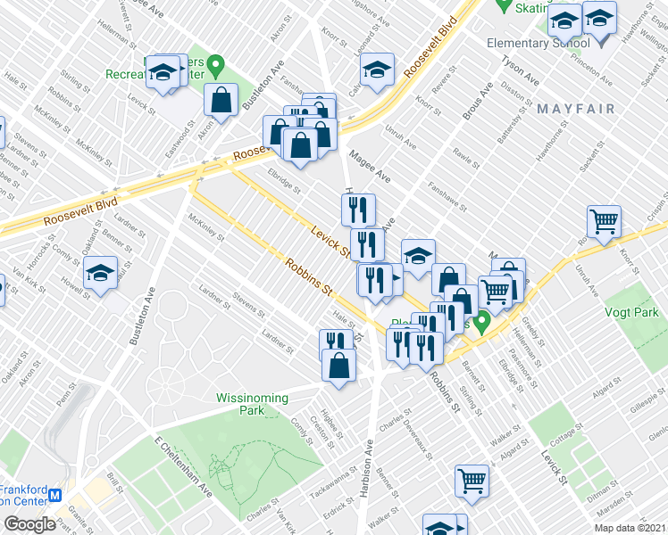 map of restaurants, bars, coffee shops, grocery stores, and more near 6330 Mershon St in Philadelphia
