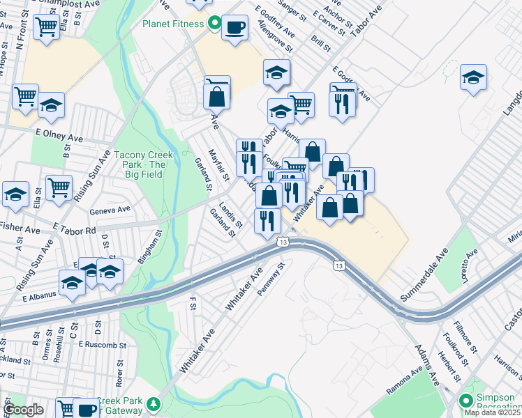 map of restaurants, bars, coffee shops, grocery stores, and more near 5263 Montour Street in Philadelphia