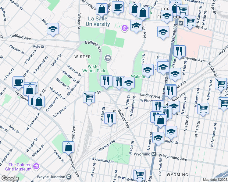 map of restaurants, bars, coffee shops, grocery stores, and more near 1830 Lindley Avenue in Philadelphia