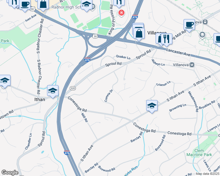 map of restaurants, bars, coffee shops, grocery stores, and more near 208 Comrie Drive in Villanova