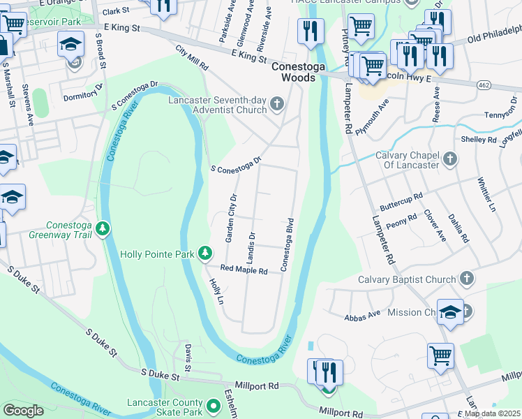 map of restaurants, bars, coffee shops, grocery stores, and more near 79 Landis Drive in Lancaster