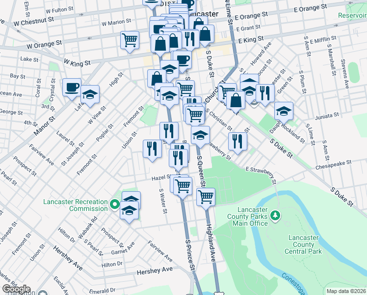 map of restaurants, bars, coffee shops, grocery stores, and more near 348 South Queen Street in Lancaster