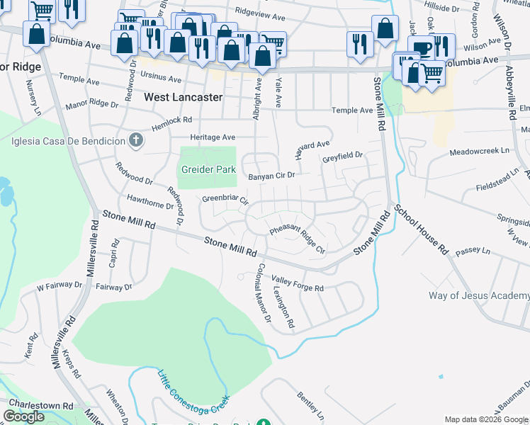 map of restaurants, bars, coffee shops, grocery stores, and more near 201 Sunningdale Court North in Lancaster