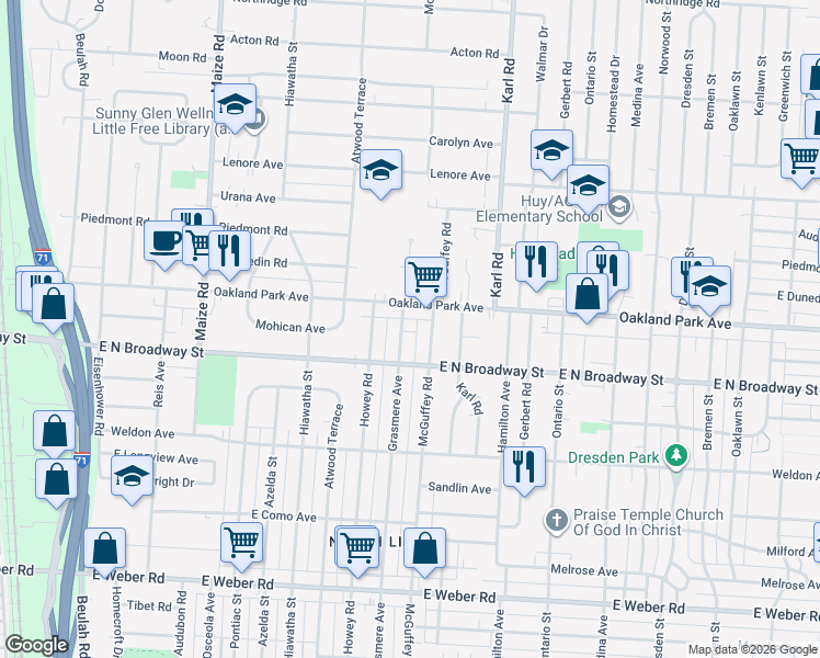 map of restaurants, bars, coffee shops, grocery stores, and more near 1195 Oakland Park Avenue in Columbus