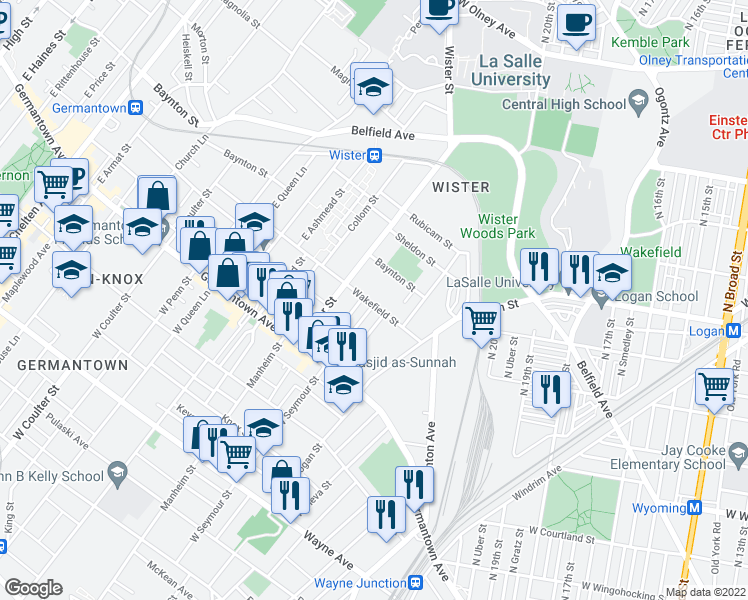 map of restaurants, bars, coffee shops, grocery stores, and more near 5001 Wakefield Street in Philadelphia