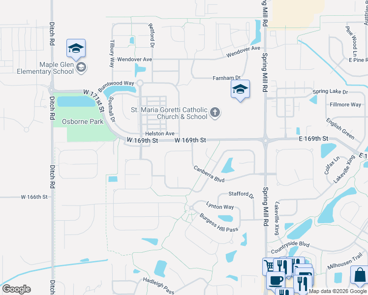 map of restaurants, bars, coffee shops, grocery stores, and more near 16909 South Burntwood Way in Westfield