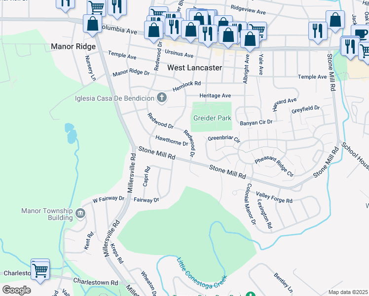 map of restaurants, bars, coffee shops, grocery stores, and more near 472 Hawthorne Drive in Lancaster