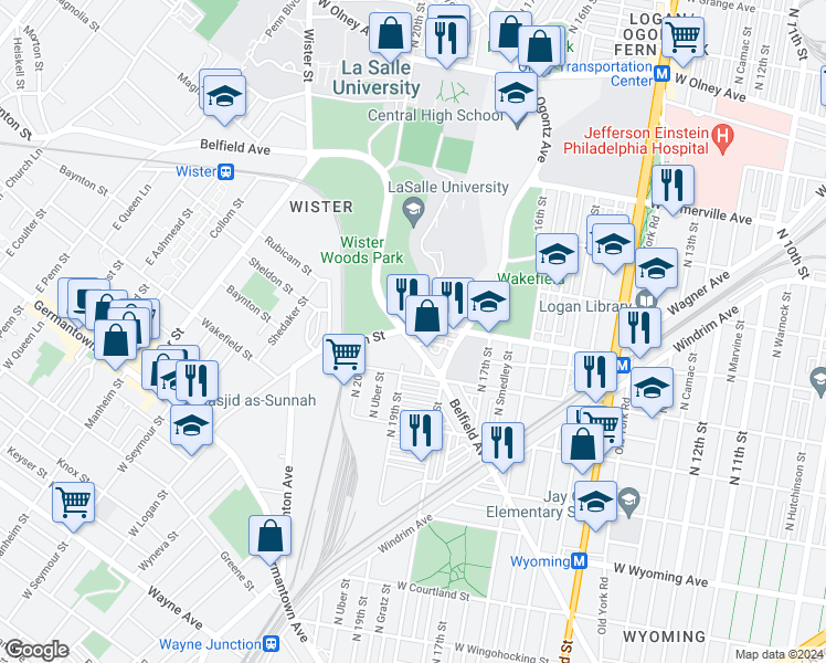 map of restaurants, bars, coffee shops, grocery stores, and more near 1860 Lindley Avenue in Philadelphia