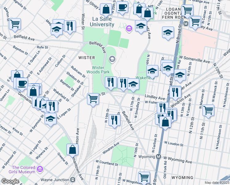 map of restaurants, bars, coffee shops, grocery stores, and more near 1844 Lindley Avenue in Philadelphia