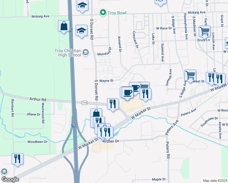 map of restaurants, bars, coffee shops, grocery stores, and more near 1515 Williamsburg Place in Troy
